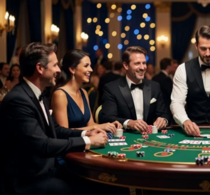 Stół do blackjacka podczas eleganckiego eventu z uśmiechniętymi gośćmi i efektownym oświetleniem