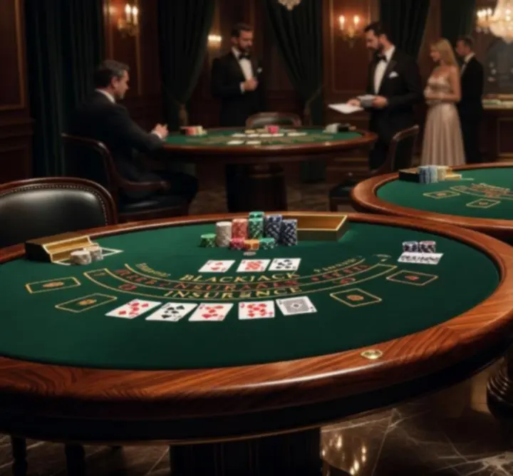 Zbliżenie na luksusowe stoły pokerowe, ruletkowe i blackjackowe