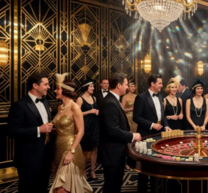 Event w stylu Great Gatsby z kasynową scenografią i efektownym oświetleniem