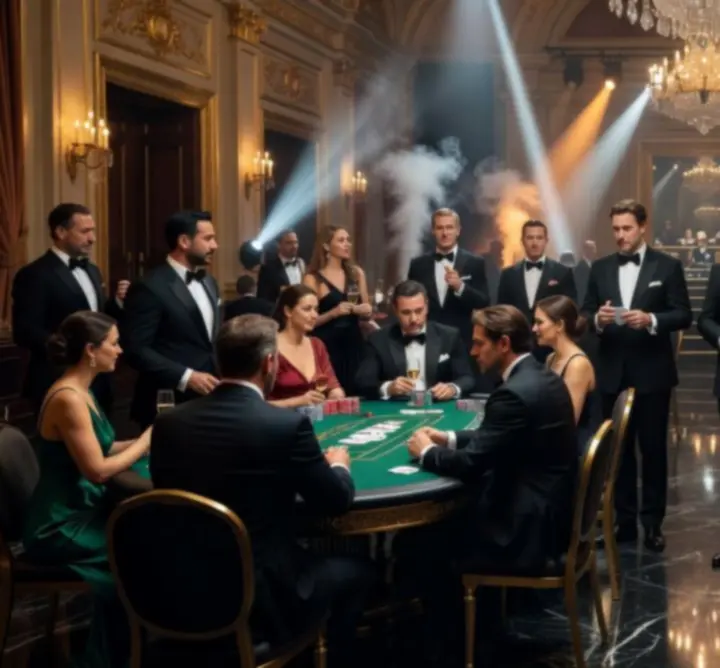 Elegancka sala eventowa z pokerowymi stołami i nastrojowym światłem