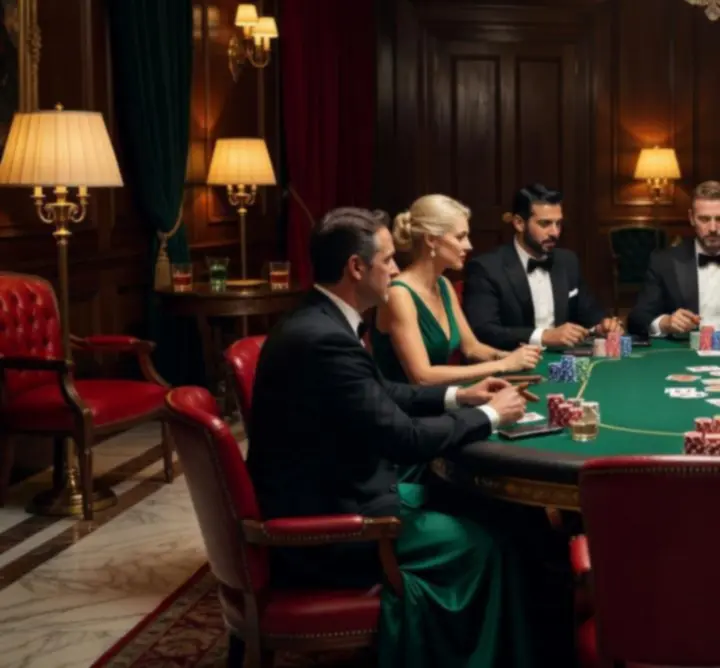 Elegancki wieczór pokerowy przy luksusowym stole w nastrojowym oświetleniu