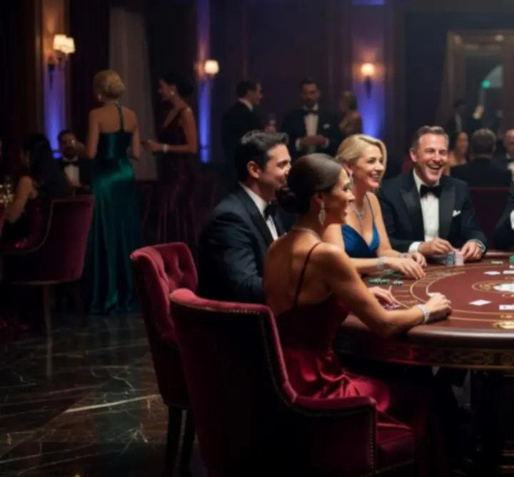 Elegancki wieczór kasynowy z gośćmi przy stołach pokerowych